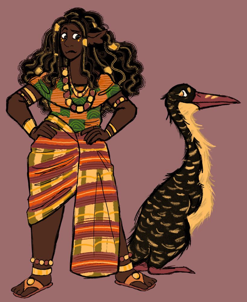Girl with curly hair standing next to a large bird