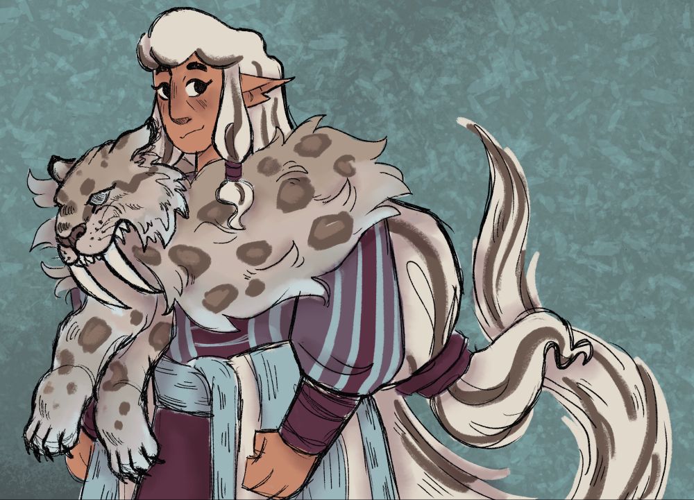 Women with white hair and Icelandic outfit wears a saber tooth cat pelt over her shoulders.
