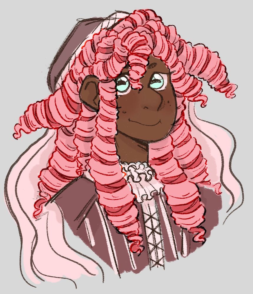 A girl with long curly locks of hair, wearing a midevil hat and ruffled shirt, with goat eyes