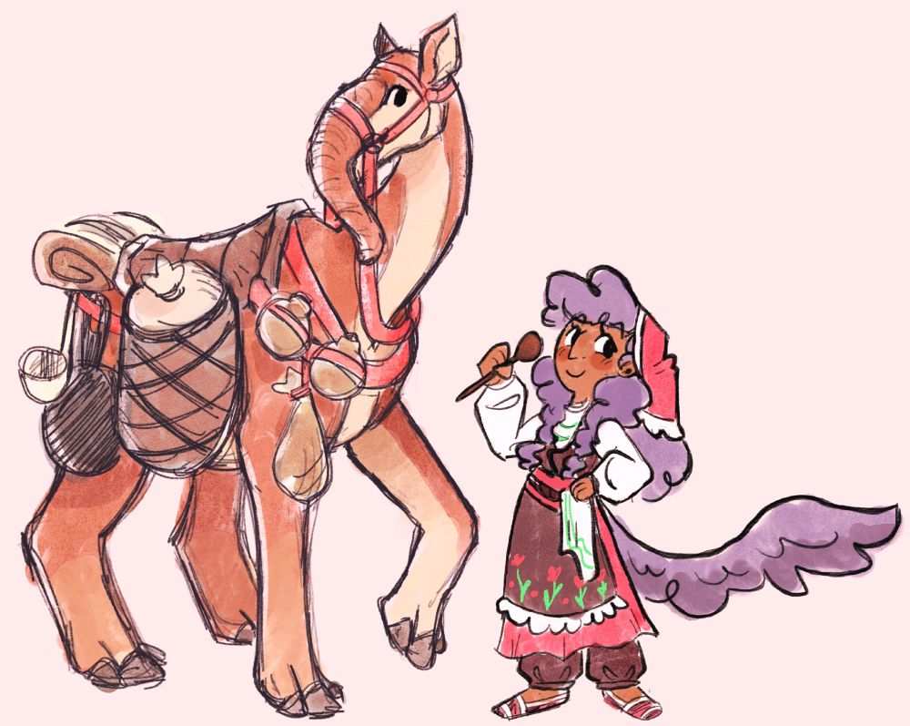 A girl with purple fluffy hair wearing an apron holding a spoon, next to a prehistoric creature with a saddle.