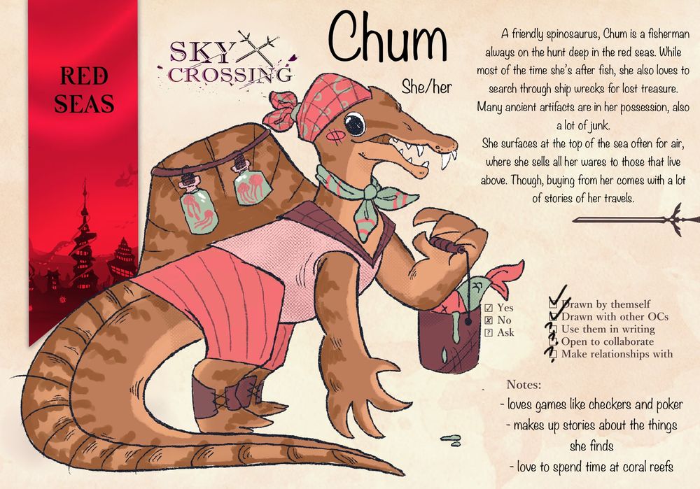 A spinosaurus where a sailor outfit carrying a bucket of fish, with jelly fish hanging from her sail.