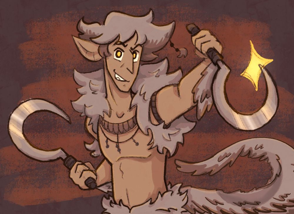 Grey haired man holding up dueling sickles with a raptor tail