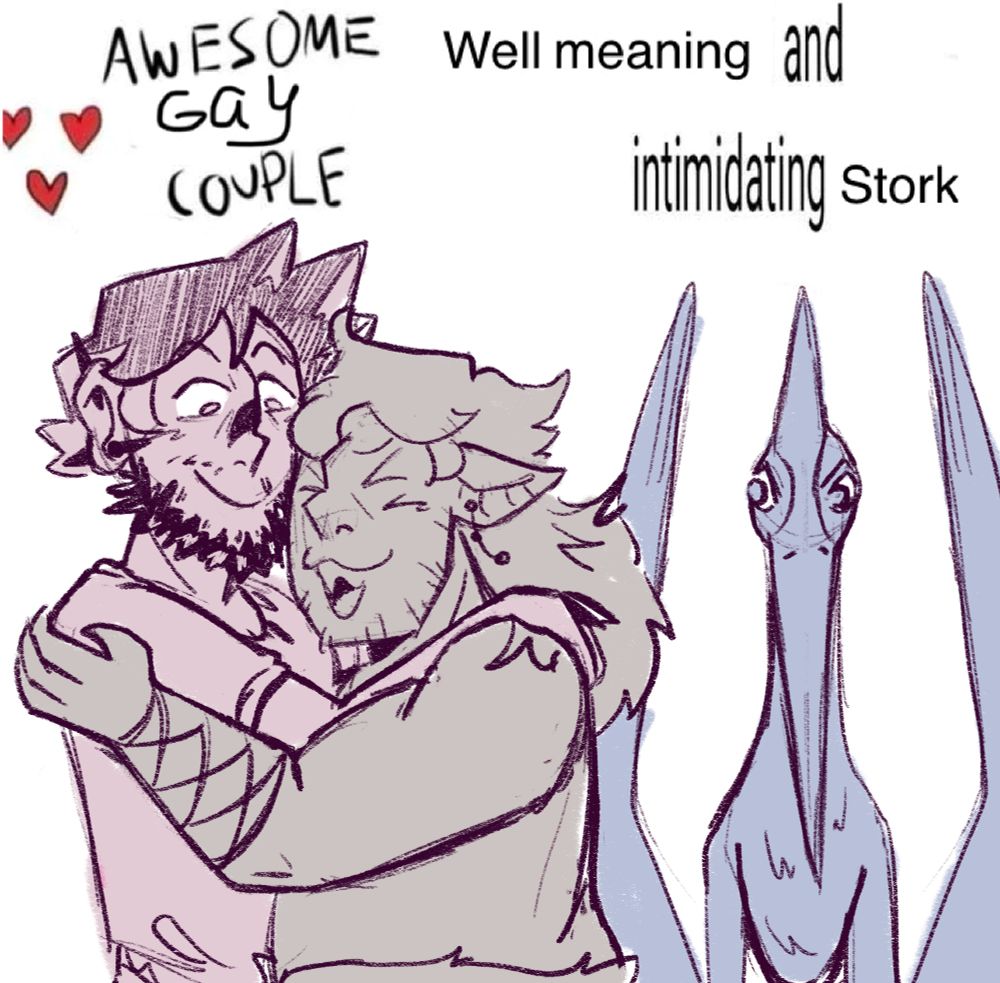 Awesome gay couple hugging… intimidating stork (pteranodon) behind them