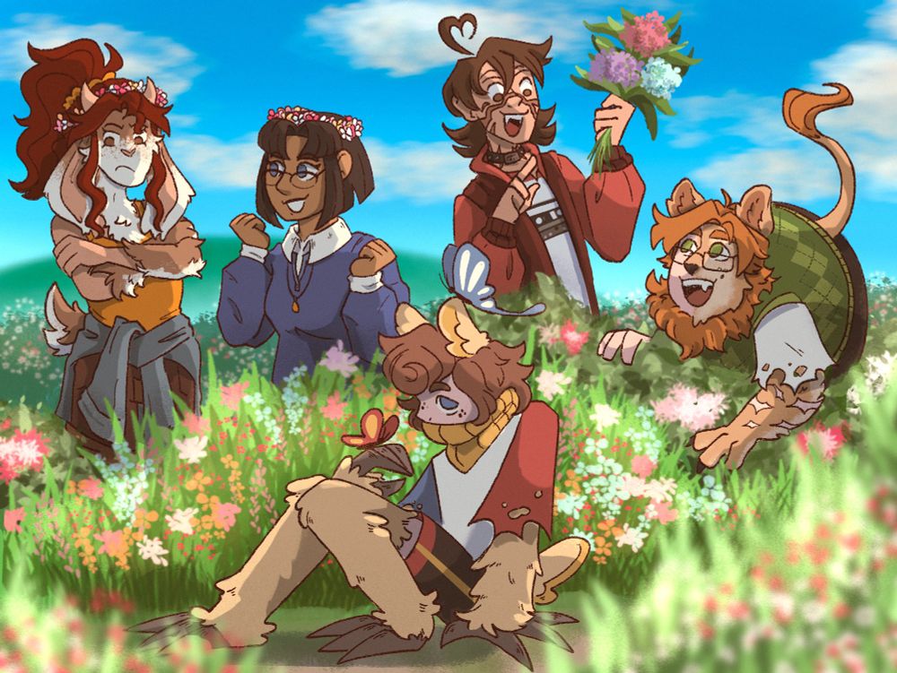 Five teens in a flower field