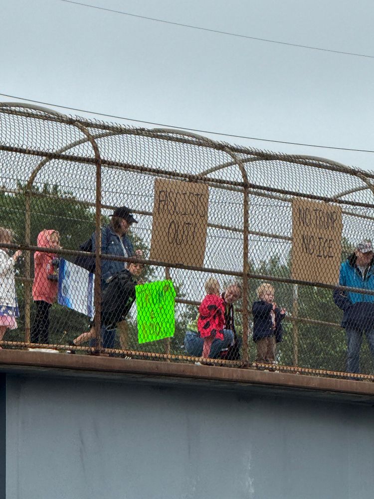 Kids and adults standing on a pedestrian bridge over the highway with protest signs that say fascists out and no Trump no ice. The best one is green and says Trump eats boogers. 