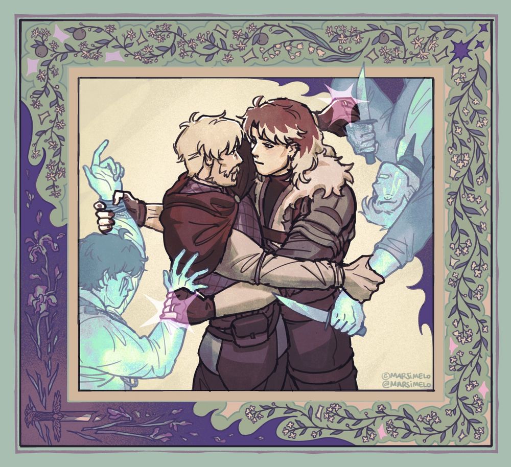 Charles (with blond hair) and Grim (ash brown hair with light tips) are embracing each other, both firmly grasping the wrists of the ghosts of their respective past selves. Young Grim is holding is hands up, ready to cast another fire spell, and young Charles is holding two knives, ready to avenge his family. Their present selves are wearing matching wedding rings, shining with the colors representing each of them (pink for Grim and purple for Charles).

Long ago, Grim had caused a fire out of despair and rage for his biological father, that accidentally killed his beloved younger brother and Charles' wife and young daughter. Seven years later they met again, fell in love and discovered their stories were closer than they thought. Still, after fighting with the grief, guilt and pain from their past, they overcame it all to let the love they have for each other blossom, and eventually married each other.
The drawing is framed by orange blossoms (representing Charles' wife Lorena), a lily-of-the-valley (for his young daughter Layla), forget-me-nots (for Grim's younger brother Vivi/Megveil), wilted iris (for the part of themselves they lost in fire) and a broken ornamental sword (that Grim left in his father's bed before starting the fire, implicitly telling his father before his death that the fire was intentional and that Grim was the one who killed him).
