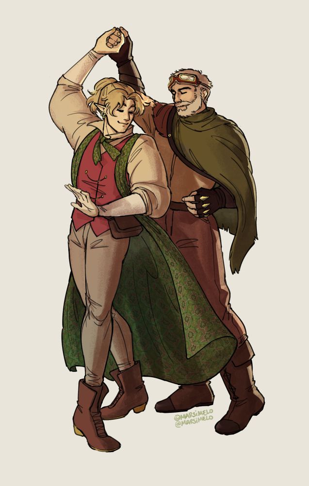 A blond half-elf (Tatin) with a red shirt and flowy green, patterned cape is dancing gracefully with a grey-haired human (N.S.) wearing greenish-brown tattered clothes and red goggles on top of his head. 
