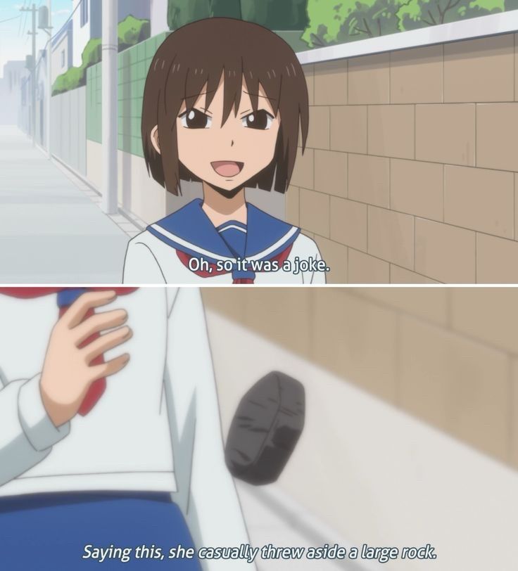 Two panel image of a cartoon girl, on the top it's the girl's face with the text "Oh, so it was a joke" and on the second panel we can see the girl's torso and her right hand throwing a rock with the text "Saying this, she casually threw aside a large rock."