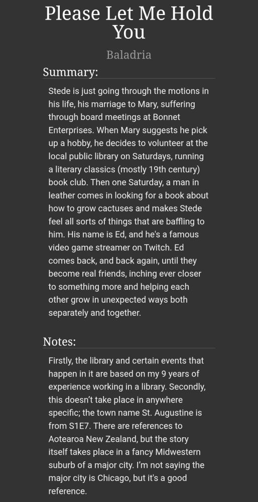 Summary and notes from the ofmd fic Please Let Me Hold Your by Baladria on ao3