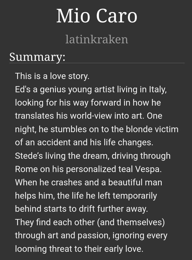 Summary of the ofmdfic Mio Caro by latinkraken on ao3