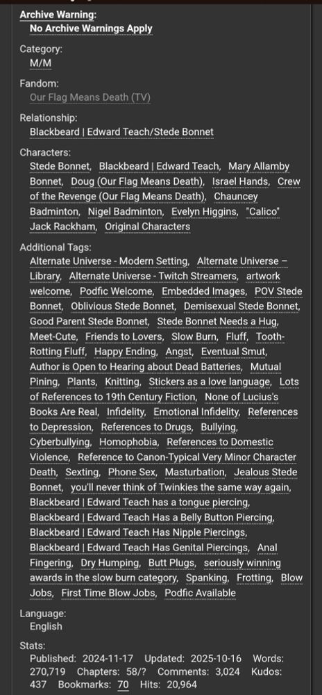 Tags from the ofmd fic Please Let Me Hold Your by Baladria on ao3