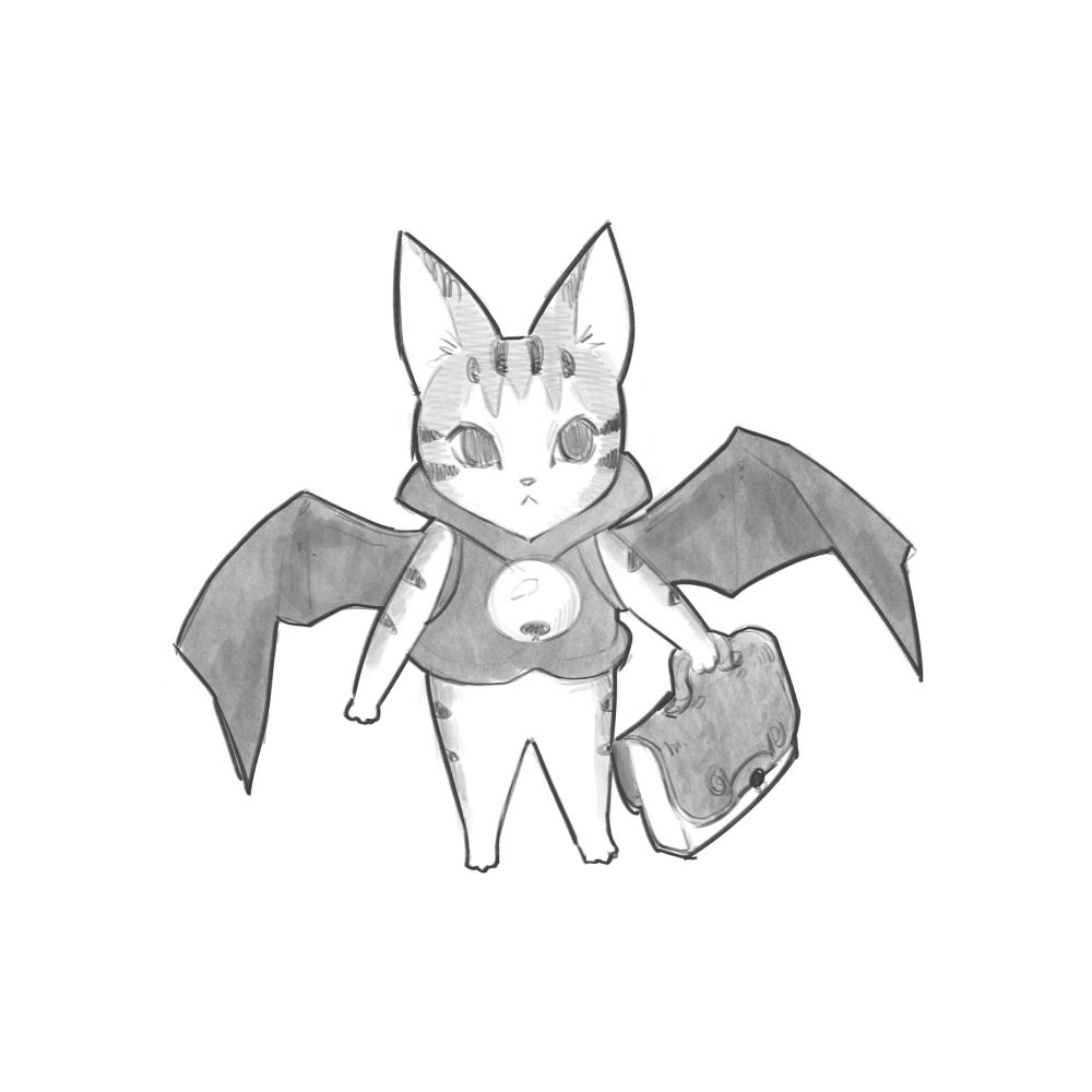 Sketch of Wesley's Gaelikitten with a tiny briefcase. He's going to work!