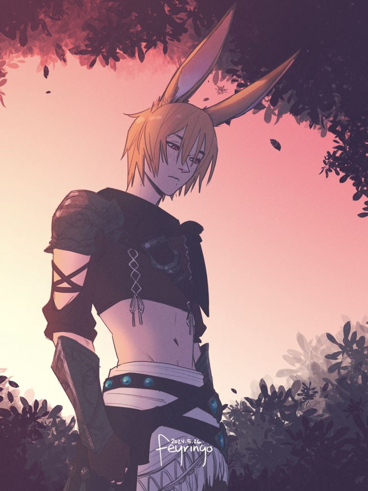 Digital art of Wesley as he appeared when he first arrived in Gridania. He looks down at ground, eyes unfocused and lost, frowning.