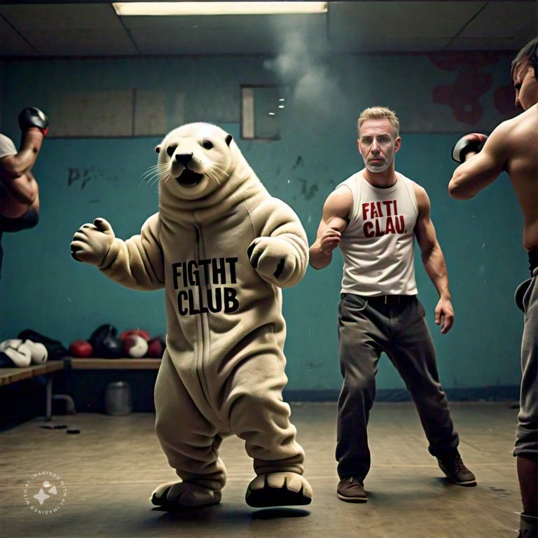 An AI drawing of a man and a being wearing  a white beaver suit participating in a fight club
