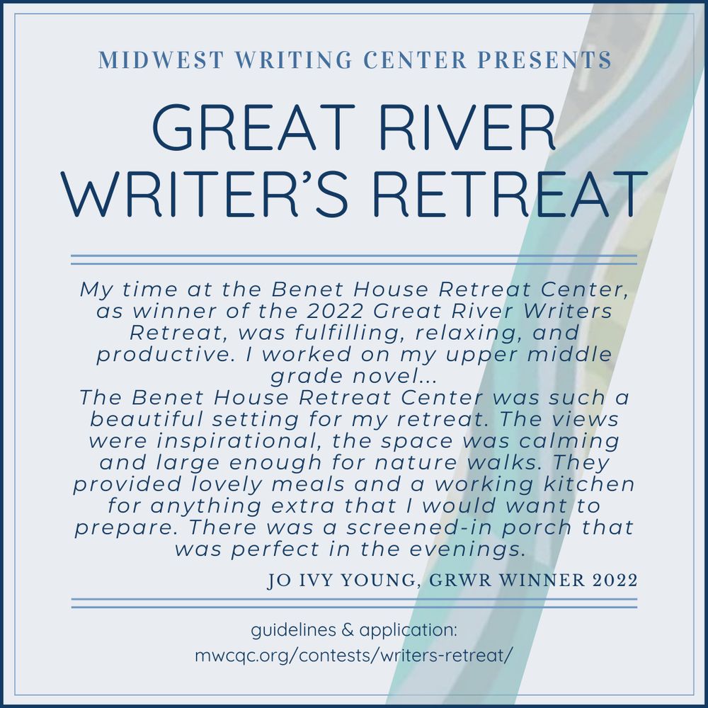 Testimony from Jo Ivy Young, winner of the Great River Writer's Retreat in 2022

"My time at the Benet House Retreat Center, as winner of the 2022 Great River Writers Retreat, was fulfilling, relaxing, and productive. I worked on my upper middle grade novel...
The Benet House Retreat Center was such a beautiful setting for my retreat. The views were inspirational, the space was calming and large enough for nature walks. They provided lovely meals and a working kitchen for anything extra that I would want to prepare. There was a screened-in porch that was perfect in the evenings."