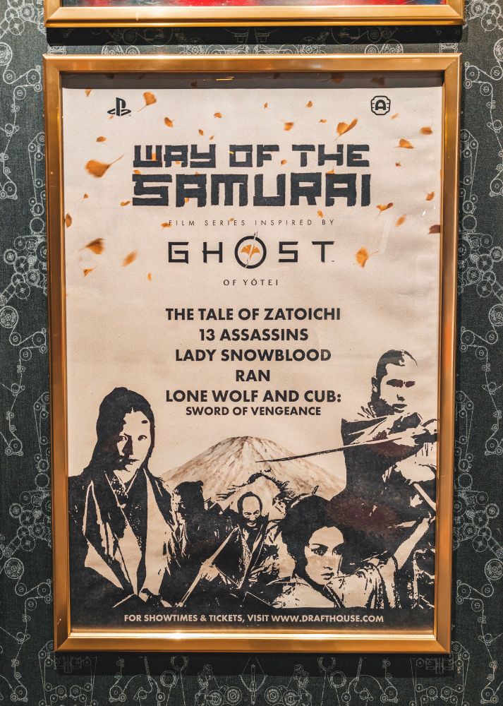 An Alamo Drafthouse poster for a Way of the Samurai film series presented by the video game Ghost of Yotei, including the Tale of Zatoichi