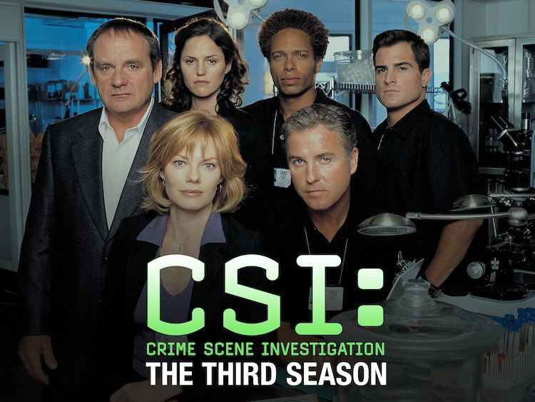 Graphic for CSI Season 3 — the core gang are all here, in one of the labs: Gil Grissom, Catherine Willows, Nick Stokes, Jim Brass, Sarah Sidle, and Warrick Brown. 
