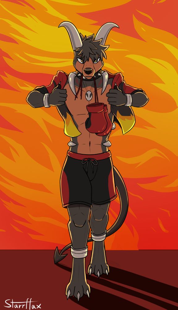 Baxter, aka Hadex the boxer, is a houndoom character taking off his sweatshirt and with gloves in teeth preparing for his boxing match.