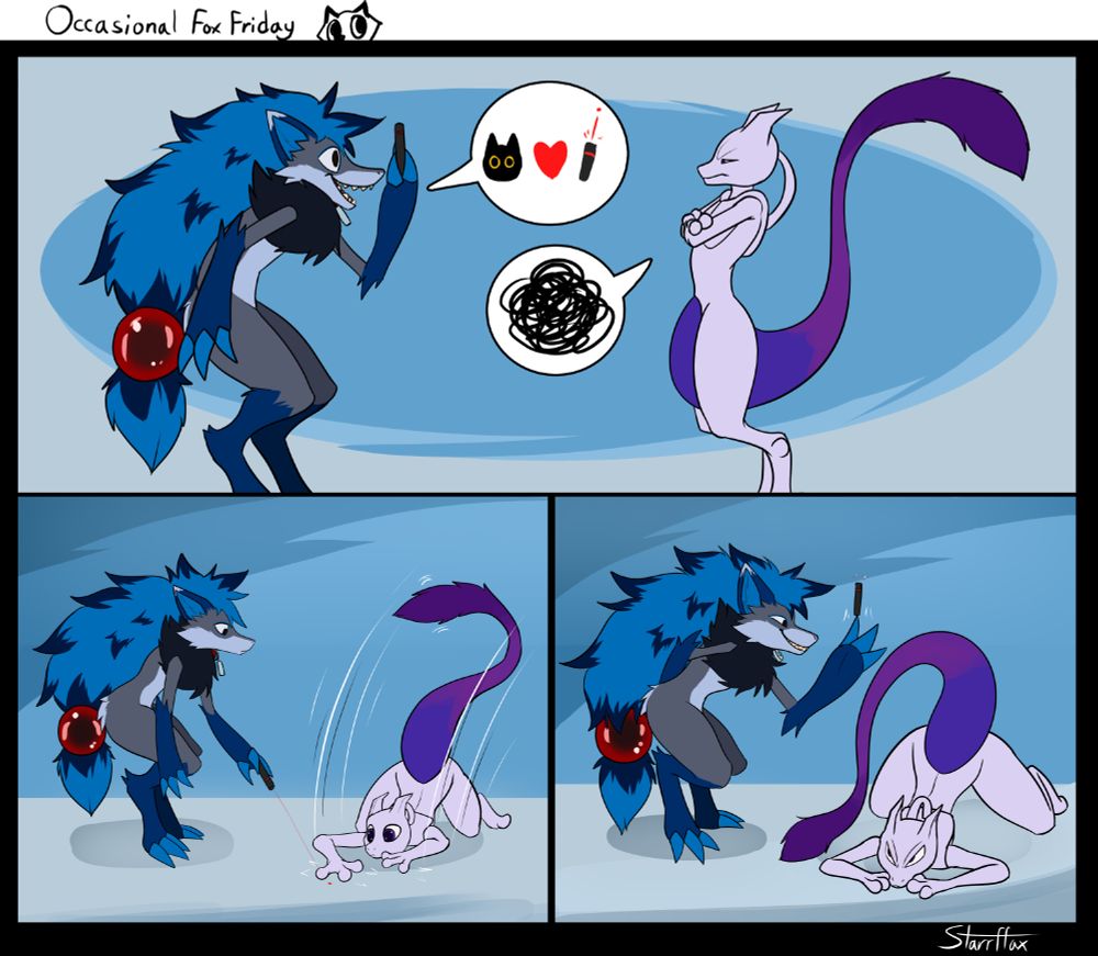 Starrfax, this time as a Zoroark pokemon, shows off a laser pointer off to Mewtwo. Mewtwo OC seems perturbed. Starrffax puts the laser pointer at the ground and Mewtwo dives for it. Mewtwo has an angry face as the Zoroark grins slyly.