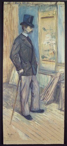 This artwork, "Portrait of M. Paul Sescau," is a piece by Henri de Toulouse-Lautrec, depicting his friend, a Parisian photographer, in an elegantly casual pose by a window. Toulouse-Lautrec’s use of pastel tones and his unique style emphasize both the fashionable attire of the sitter and the casual elegance of Parisian life in the late 19th century.
