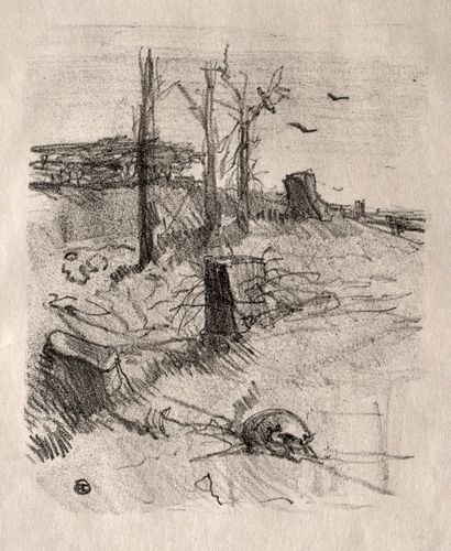 "Un Cimetière en Galicie" is a poignant sketch by Henri de Toulouse-Lautrec, capturing a somber, desolate landscape with barren trees and ravens evocative of death and solitude. The atmospheric drawing reflects Lautrec's ability to convey mood with minimalist lines, emphasizing the stark beauty of a forgotten graveyard in Galicia. 