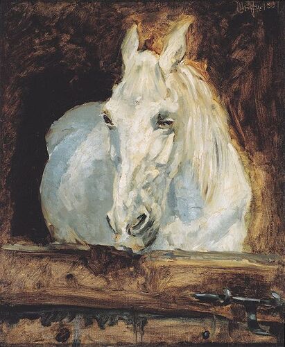 This artwork, "White Horse 'Gazelle,'" by Henri de Toulouse-Lautrec captures a serene and intimate portrait of a gentle, luminescent horse within a rustic stable setting. Known for his depictions of Parisian nightlife, Toulouse-Lautrec here showcases his versatility and affection for animals with detailed brushwork and a soft, earthy palette.