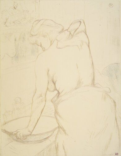 Henri de Toulouse-Lautrec's "Woman Washing Herself" (Femme qui se lave) captures an intimate, everyday scene with delicate contours and a subtle depiction of movement. Known for his focus on candid, personal moments, Lautrec often portrayed the private lives of women using simple lines and light shading.