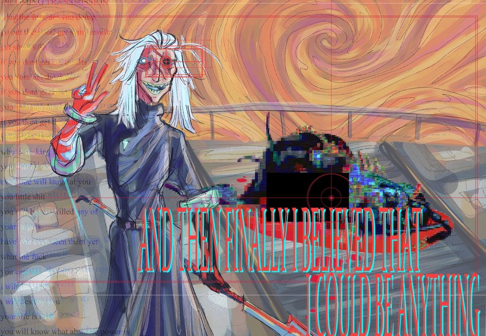 a garish portrait of xenon (gaunt, white haired tenno oc) gleefully smiling while holding up a peace sign with one hand, and a tenet grigori (scythe) in the other. behind him is the pixelated, bleeding carcass of his warframe, partially censored with a black box. the background depicts a bright rendition of the corpus gas city. red hit markers are overlaid on xenon's left eye and his warframe's torso. the phrase "AND THEN FINALLY I BELIEVED THAT I COULD BE ANYTHING" is written in bright text