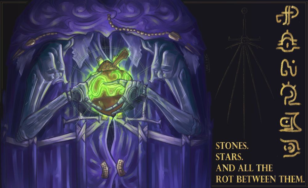 digital painting of Lord Synod from Soulframe holding "the Empress". text beside him reads "STONES. STARS. AND ALL THE ROT BETWEEN THEM.", above that is a depiction of one of his five-pronged swords, and the word "GROVEL" in Midrathian text.