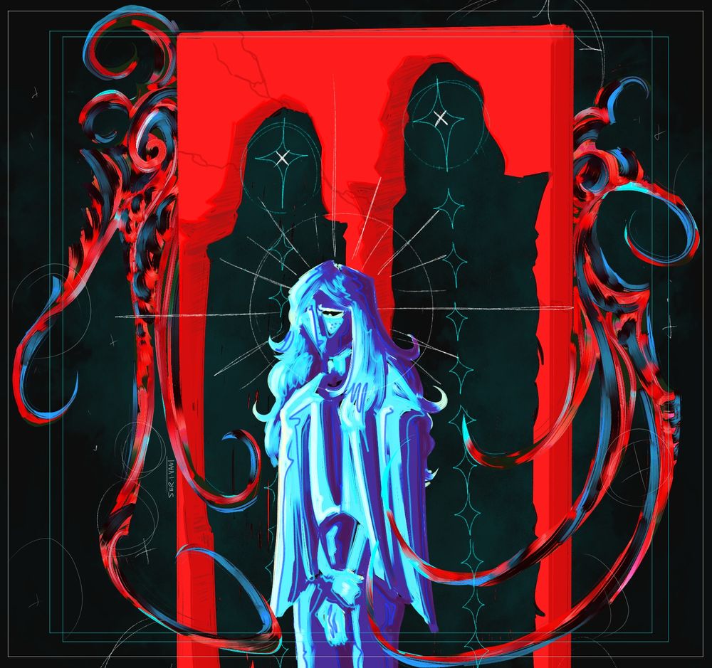 vivid, abstract painting of a young xenon/fif sheepishly standing in front of a bright red wall. two large holes loom over him, in the silhouette of his dead parents. two different massive void angel wings curl over the wall and xenon/fif