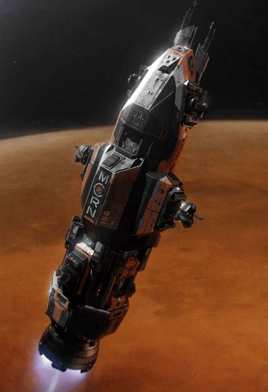 The Rocinante light frigate from The Expanse, in her original MCRN orange and black paint scheme, when she was known as the Tachi (Japanese for "Sword")