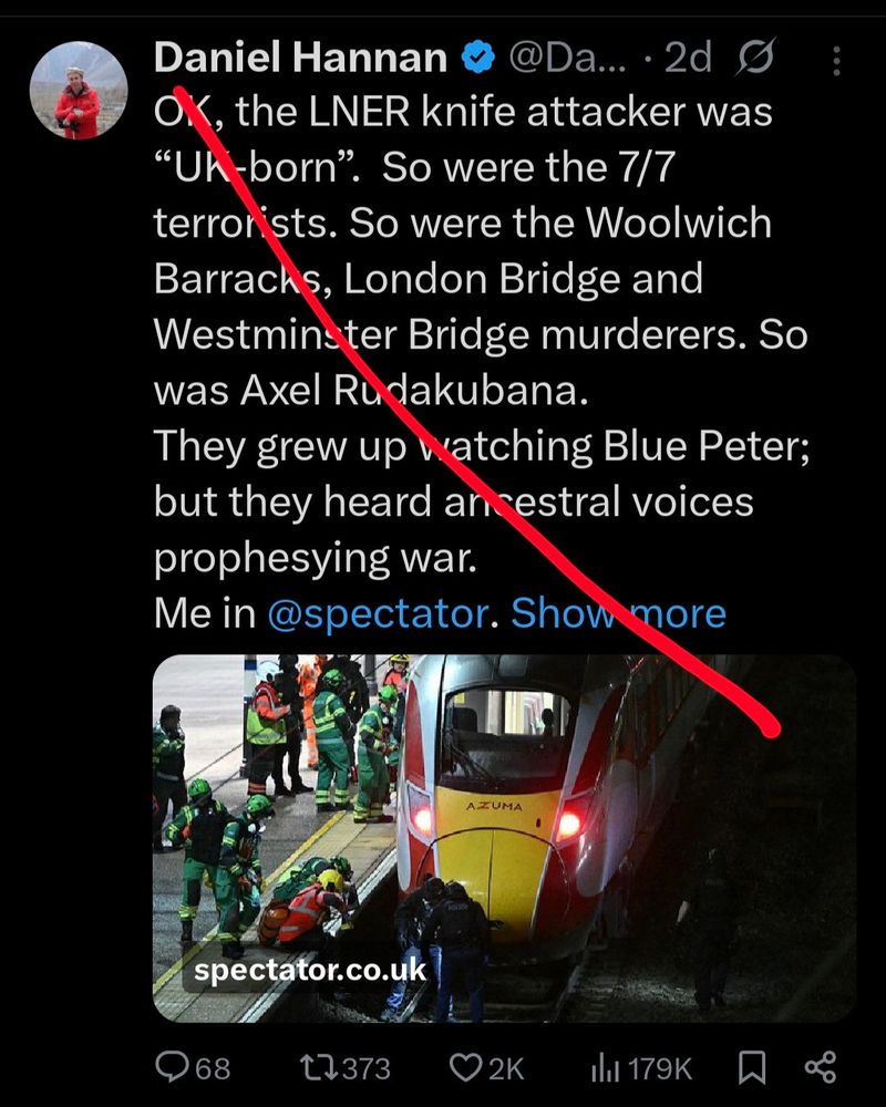 A vile tweet from Daniel Hannan in which he advertises an excrescence he has published in the Spectator asserting that UK-born brown people who have performed acts of terror did so because they "heard ancestral voices prophesying war."