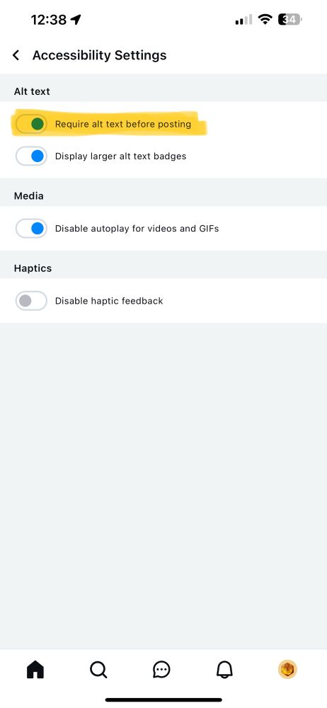 The accessibility menu, with the following options:
Alt text
Require alt text before posting
Display larger alt text badges

Media
Disable autoplay for videos and GIFs
Haptics
Disable haptic feedback

"Require alt text before posting" is highlighted