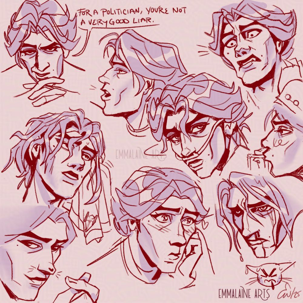 Digital sketch page featuring fan art of Viktor from arcane. 9 faces from different angles making various facial expressions.
One with a speech bubble reading “for a politician, you’re not a very good liar.”