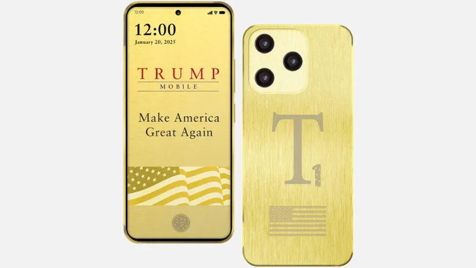 A mobile phone's front and back - both gold. On the Back, there is a big T and on the front it has large text saying TRUMP Mobile and Make America Great Again.