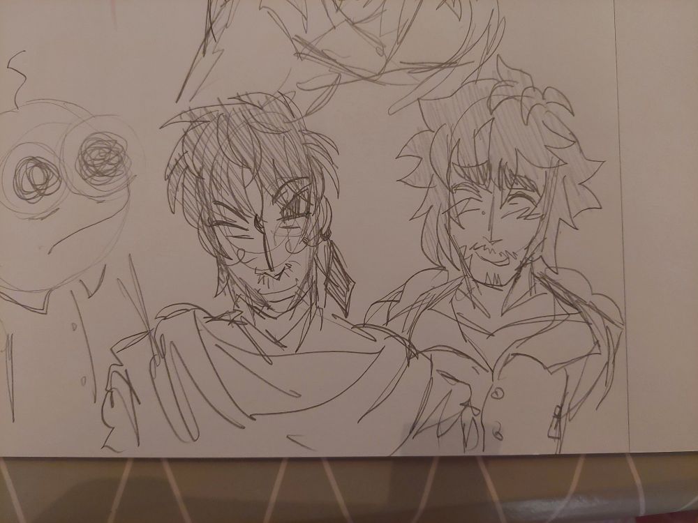 Two tradtional sketches of hallory and correy, correy winking and hallory with a closed eyed smile.