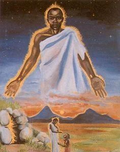 olorun, donning a white robe, opens his arms across the sky above a setting sun