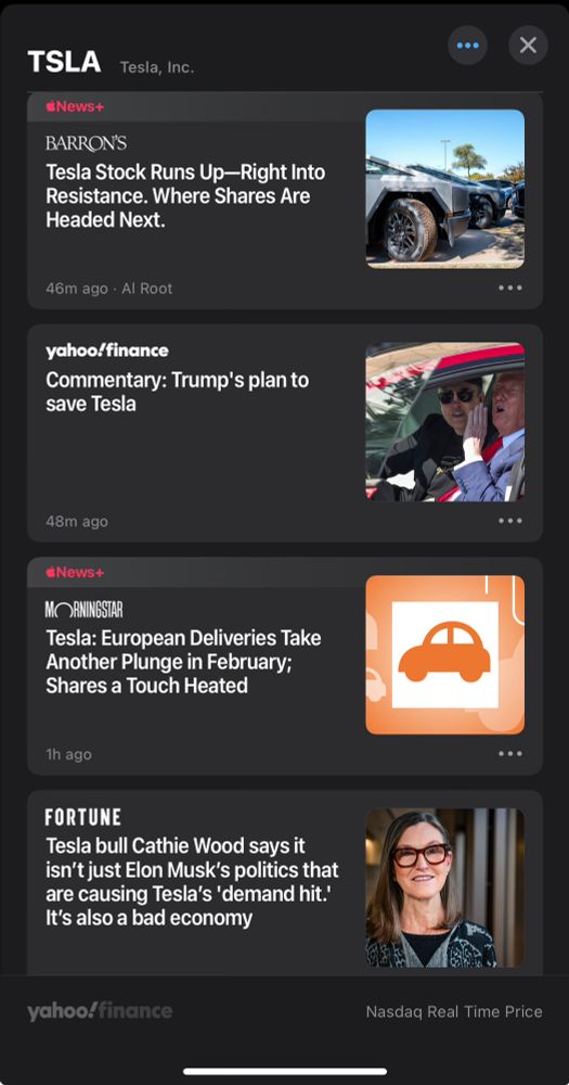 Screenshot from Apple stocks app showing market commentary on Tesla, not having a demand problem due to Elon Musk
