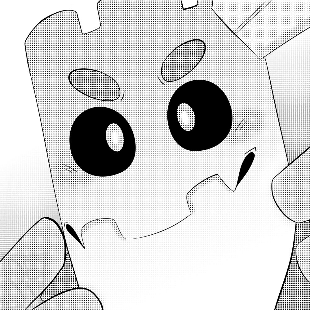 A monochrome drawing of Salem (It/They), a living sand monster.

It's a headshot of the character smiling at the camera, the drawing is fully monochrome, but is shaded in using halftone dots.