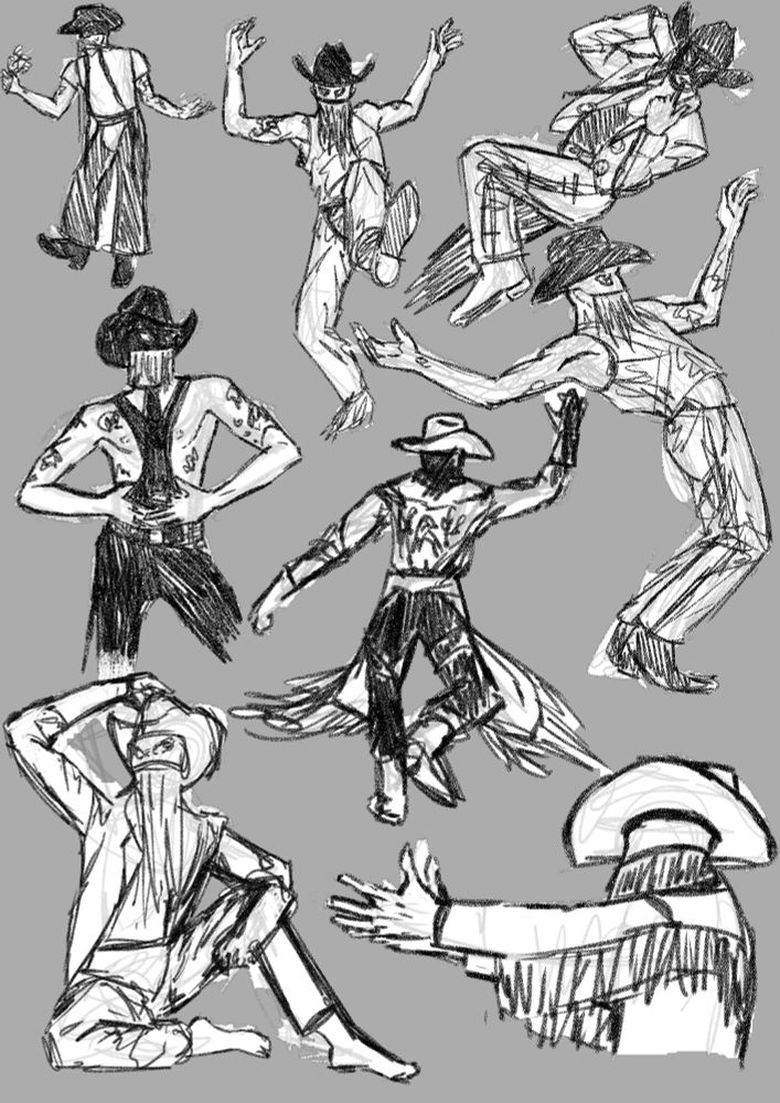 Several black and white rough sketches of Orville Peck in different poses
