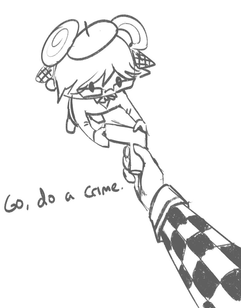 "Go, do a crime" with Whirlwind-tan passing her lightgun onto young SAGE-tan.