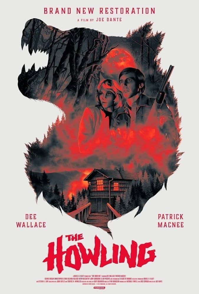 A movie poster for the Howling, an outline of a werewolf's upper half, filled with the image of two characters holding a gun against the backdrop of a cabin in the woods with a blood red moon shining down on them.