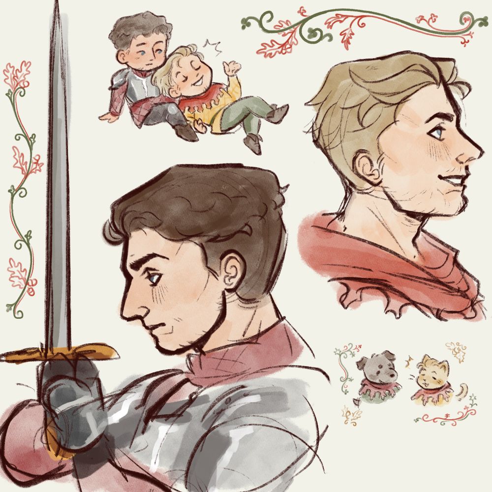 A sketch page of Hans and Henry from kingdom come deliverance 2, with busts of Henry and Hans, a chibi pair of them laying together, and a doodle of them as a dog and cat