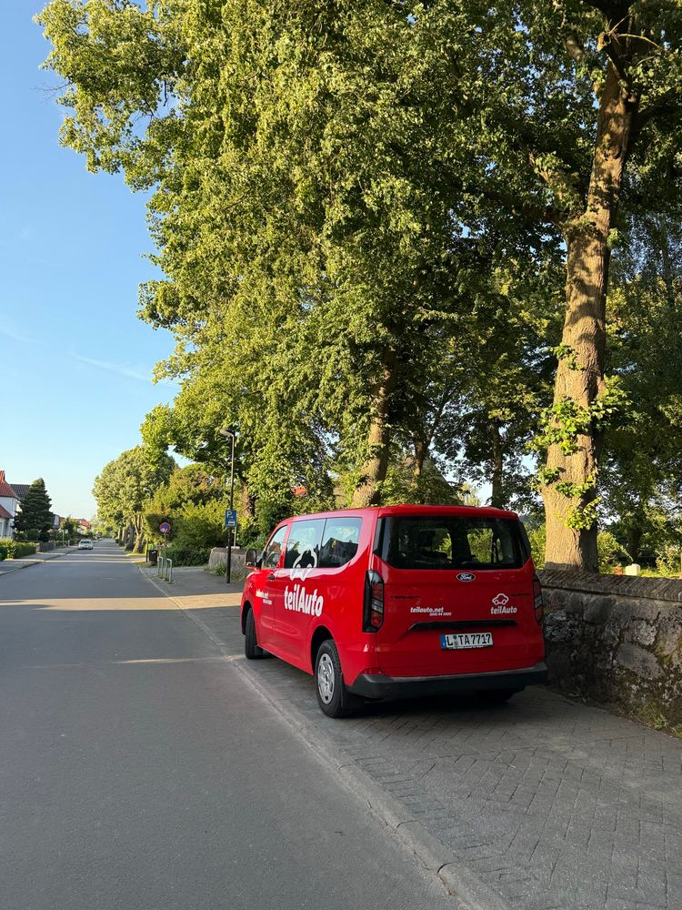 Teilauto. Ford Custom rot steht am Straßenrand.