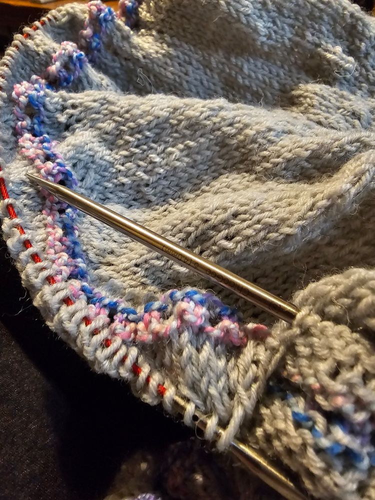 A piece of knitting in progress, mostly in pale gray but with a few rows of blue, pink, and gray variegated yarn near the needles, sits in a pile. The needles are circulars with silvery metal tips and a red cord, visible through the active stitches.  #craftsky
