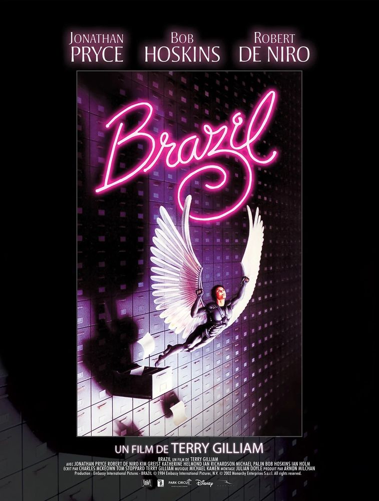 Affiche du film Brazil (un chevalier ailé s'envolant d'un mur de classeurs de bureau, titre en néon rose, fond noir)