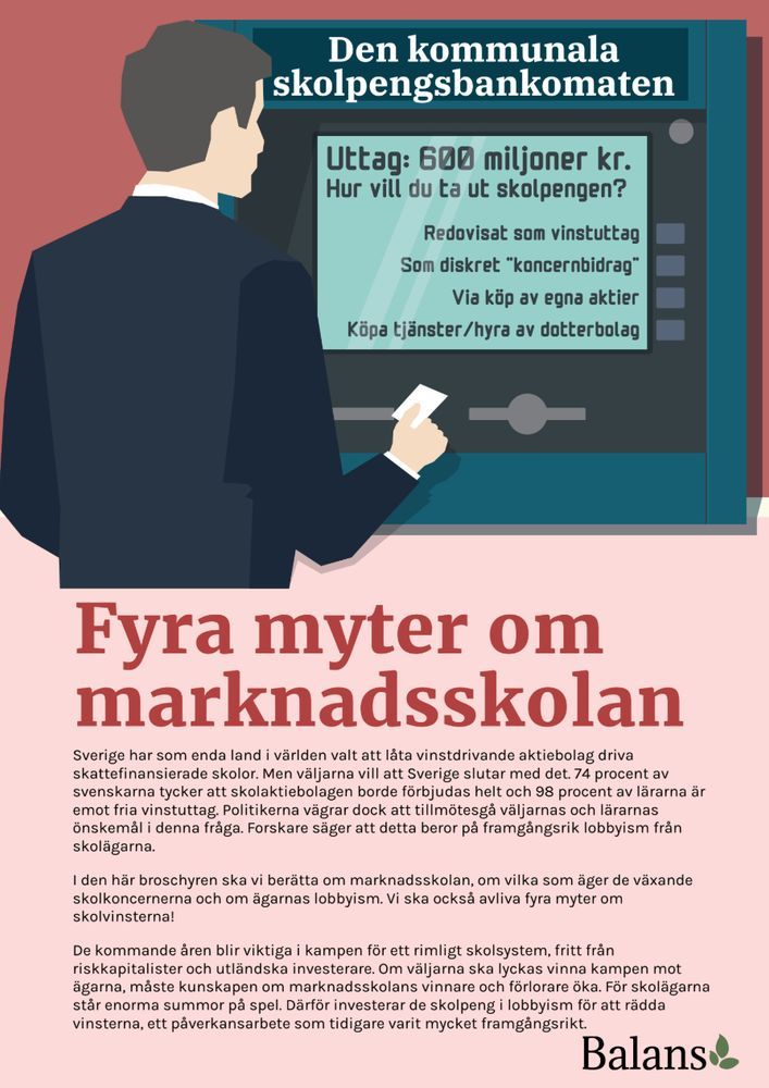 Framsida till en broschyr med rubriken "Fyra myter om marknadsskolan". En illustration visar "Den kommunala skolpengsbankomaten" där en man i kavaj funderar över hur han ska ta ut skolpengen: som vinstuttag, koncernbidrag, aktieköp eller hyra av dotterbolag. 