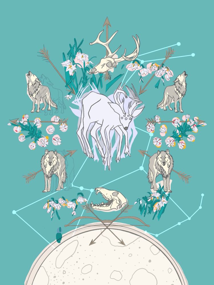 digital drawing (done in procreate) work in progress. there is a mutated deer in the centre with arrows, wolves and and night blooming flowers around it. There is a deer skull at the top about the mutated deer, a wolf skull below that, and all this hovers over a moon setting at the bottom of the page. The Artemis constellation is in the background, as is a bow and crossed arrows below the wolf skull. 