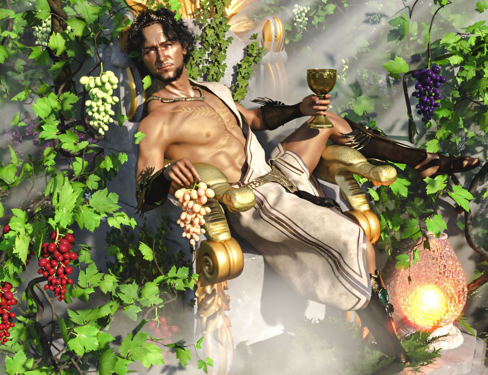 Dionysus/Bacchus is the Greek/Roman nature god of wine, fruitfulness, vegetation, & pleasure. Here he is sitting upon an marble throne overgrown with wild vines, grapes, and lush vegetation as he holds a golden chalice filled with wine.
