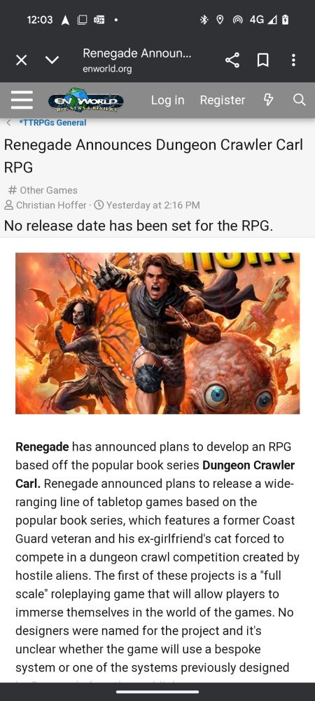 An article announcing that Dungeon Crawler Carl is going to have its own TTRPG